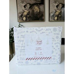 North Pole Flannel Full Sheet Set Holiday Christmas 100% Cotton White/Blue NEW